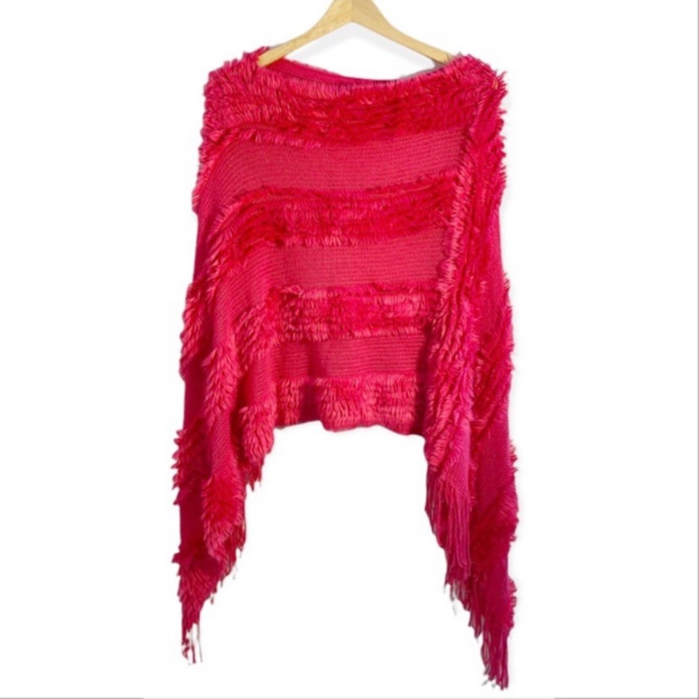 Pink Knit Frill Fringe Poncho, One Size Fits Most